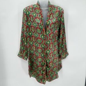 3/$15 VTG Gracie Bishop Nightgown Womens M Red Green Satin Button Long Slv FLAWS